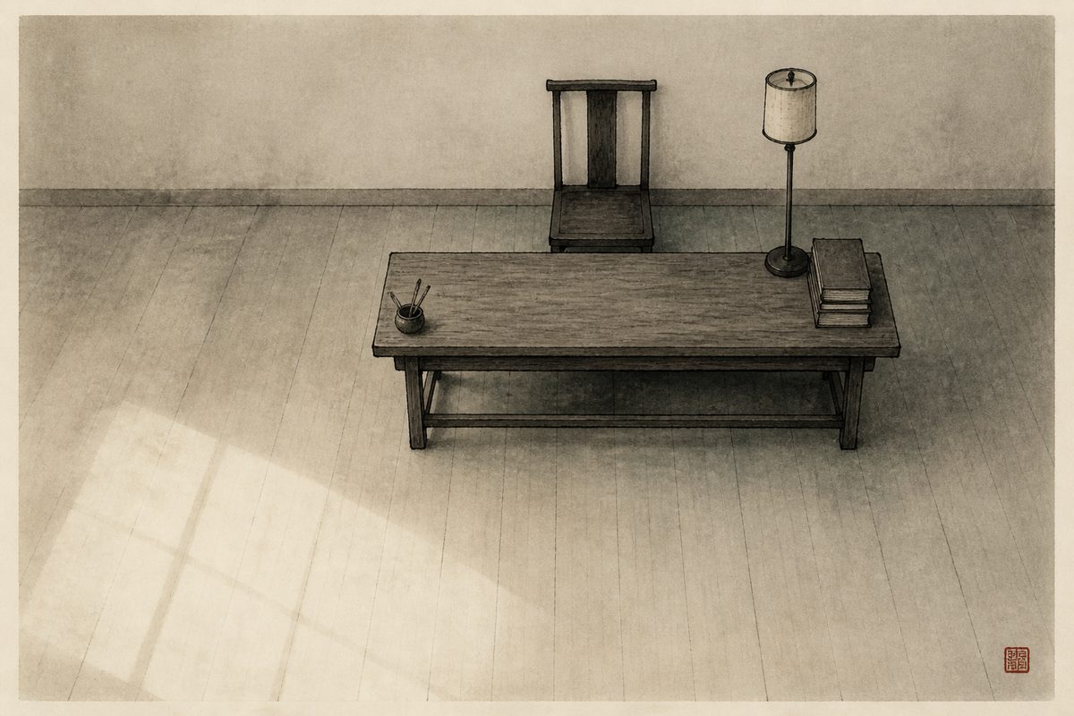 Ink-wash painting of a plain wooden writing desk in an empty room, its chair tucked in behind it against an unbroken solid wall so the seat has the wall at its back, with a tall lamp and a stack of books at the end that falls on the sitter's left and only a low brush pot at the other end.