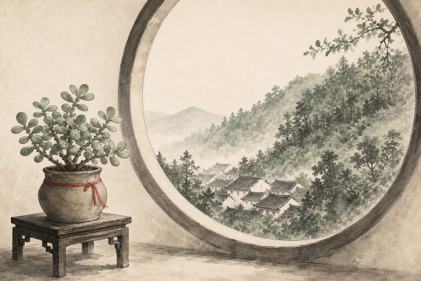 Ink-wash painting of a potted jade plant on a wooden stand beside a round window, with a village grove on the hillside beyond.
