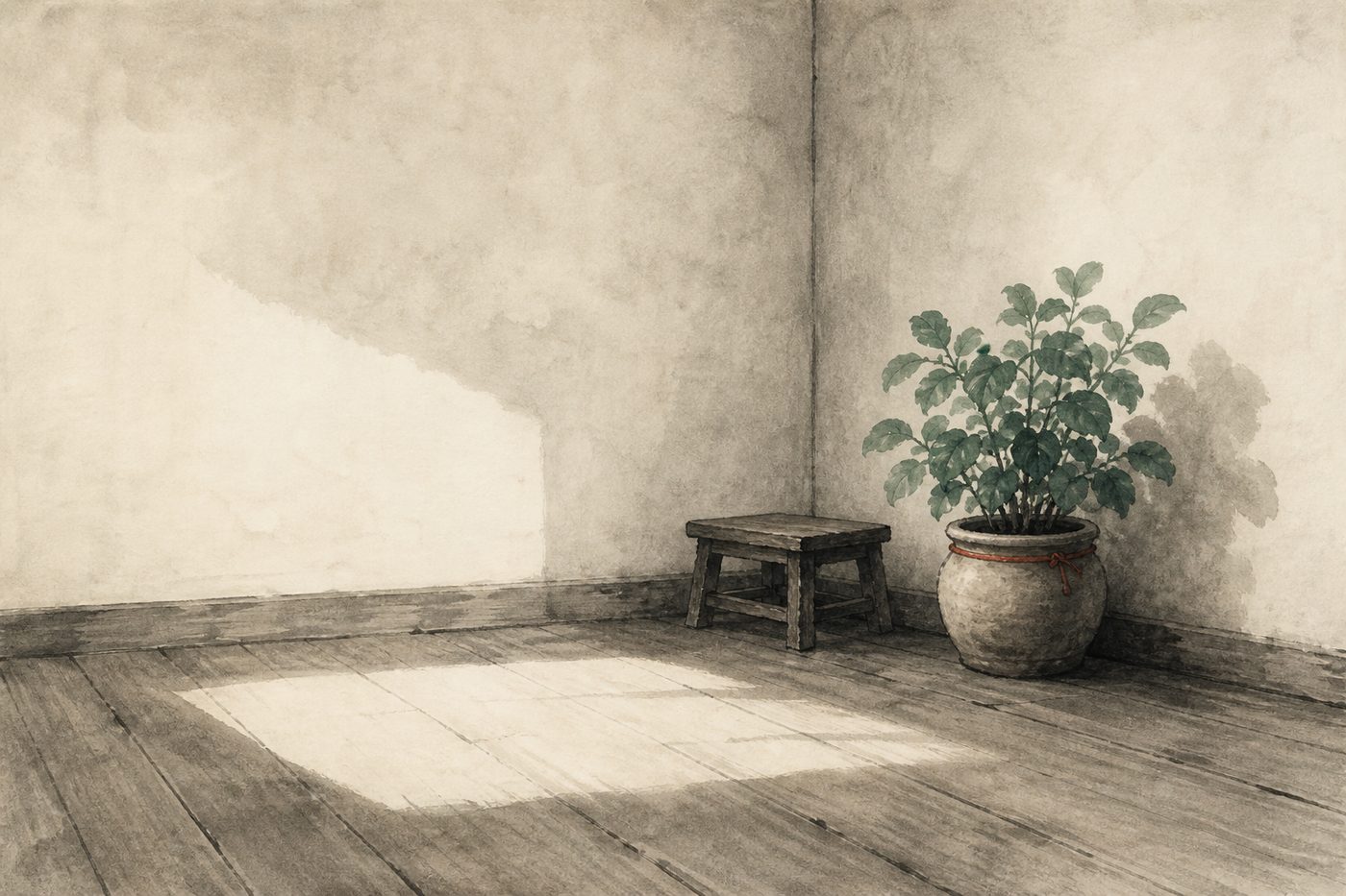 Ink-wash painting of a bare room corner with a leafy plant in a clay pot and a low wooden stool against a solid wall, daylight falling in a rectangle across the floorboards.
