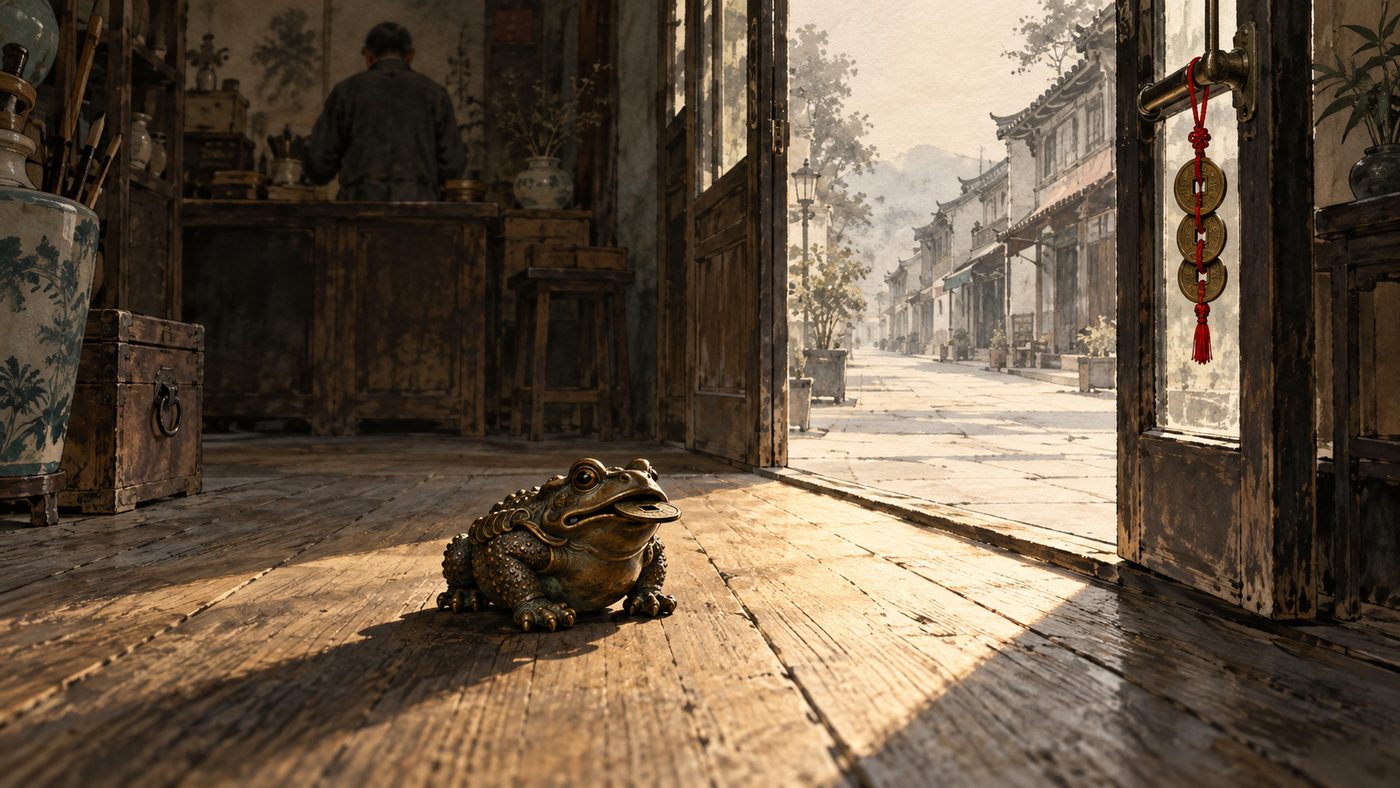 A small brass three-legged money toad with a coin in its mouth sitting low on the floorboards just inside a shop's open door, facing into the room, a string of bronze coins on red cord hanging from the door handle and the street receding outside.