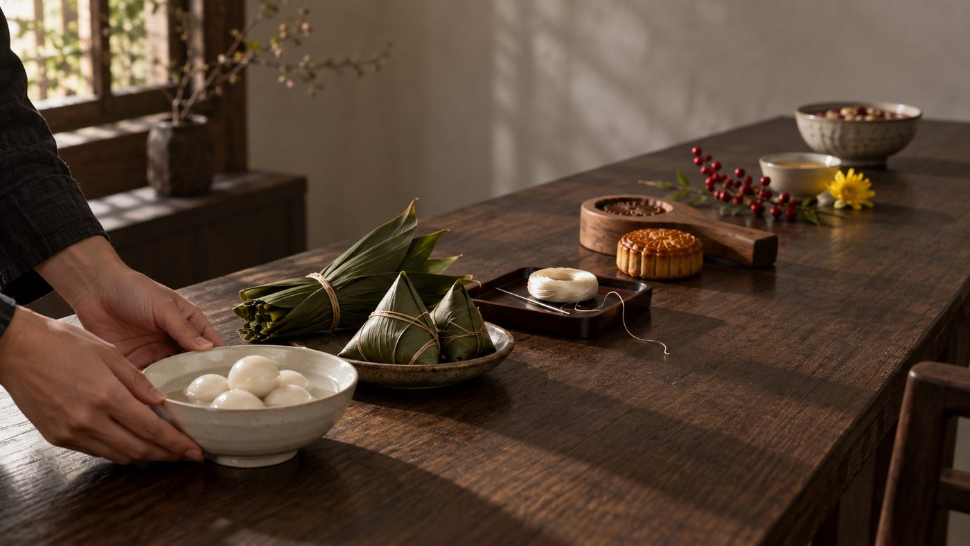 A long dark table lit from a window, with the objects of the Chinese festival year set out in calendar order and receding into soft focus: rice balls, bamboo-wrapped dumplings, a needle and silk, a mooncake mold, dogwood berries beside chrysanthemum wine, and a far bowl of porridge, as a pair of hands sets down the first bowl.
