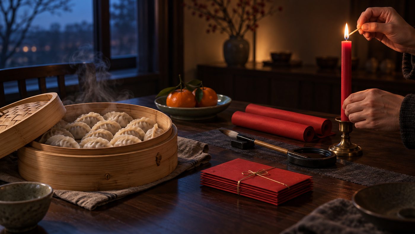A dark wooden table by a window at dusk, set for the eve: a bamboo steamer of dumplings with the lid half off, a stack of red envelopes, a pair of red paper couplet strips still rolled beside a brush, two tangerines with leaves, and a hand lighting a single red candle.