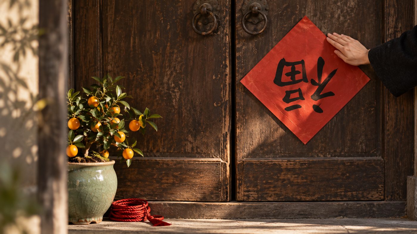 A red paper square with the character for good fortune pasted upside down, diamond-wise, on an old wooden door, a hand smoothing its corner, a potted kumquat tree and a coil of red cord at the foot of the door.