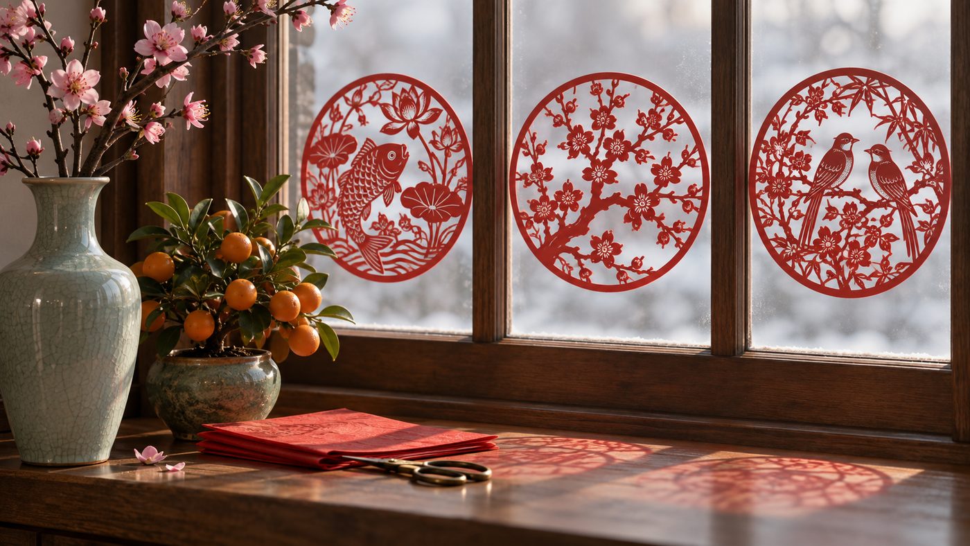 Red paper-cut window flowers of a fish, a plum branch and two birds on a winter window, with a vase of peach blossom and a small kumquat tree on the sill below.