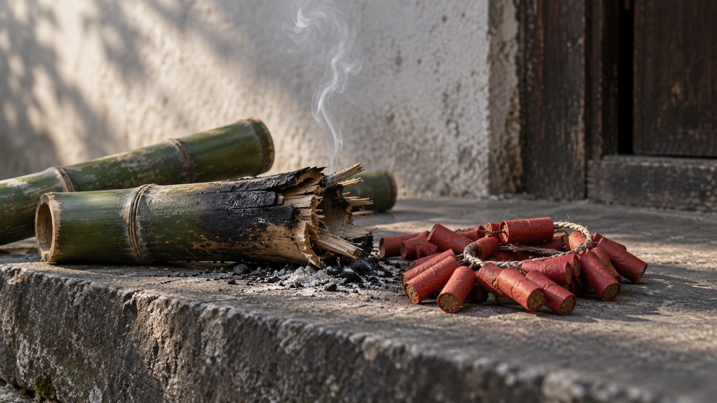 A length of green bamboo split and charred by fire on a stone step beside a pile of small red paper firecrackers tied on a cord, a wisp of smoke rising in winter light.