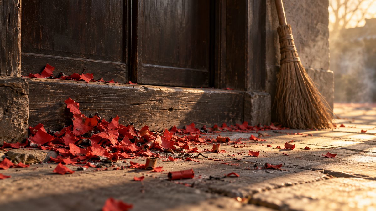 Scraps of spent red firecracker paper heaped against the wooden threshold of a closed door in low morning sun, a straw broom leaning unused beside it.