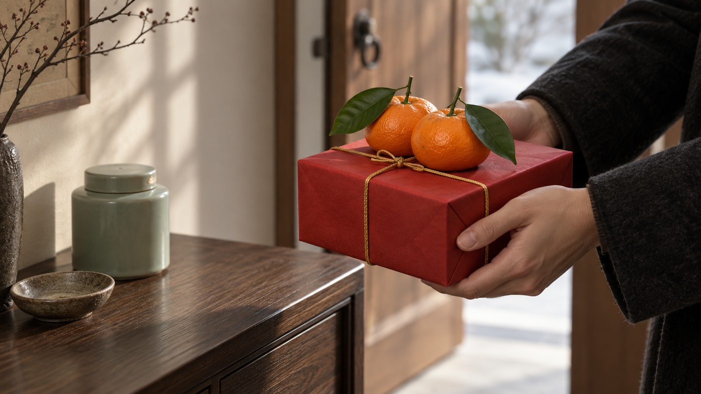 Two hands offering a red-wrapped gift box with a pair of mandarin oranges and their leaves on top, over a walnut table with a celadon tea tin, in soft morning light.