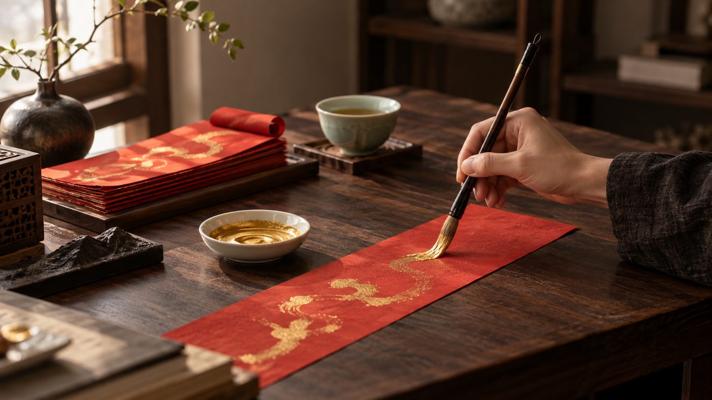 A hand holding a brush over a strip of red paper on a dark wooden desk, gold ink glistening in a small dish, a stack of finished red strips and a porcelain cup of tea beside it in warm window light.