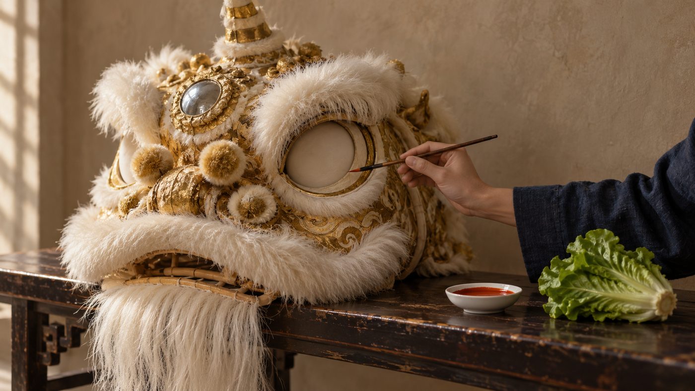 A hand holding a fine brush to the blank eye of a gold and white lion-dance head resting on a lacquered bench, beside a dish of red ink and a head of lettuce.