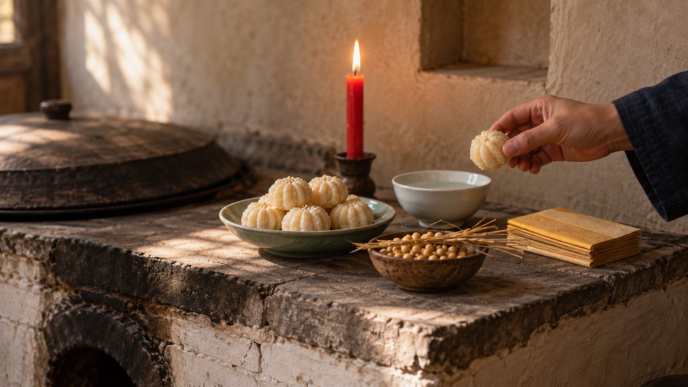 A hand holding a pale malt-sugar sweet over an old brick stove set with a dish of sugar melons, a bowl of water, beans and straw for the Kitchen God's horse, folded joss paper and a lit red candle.