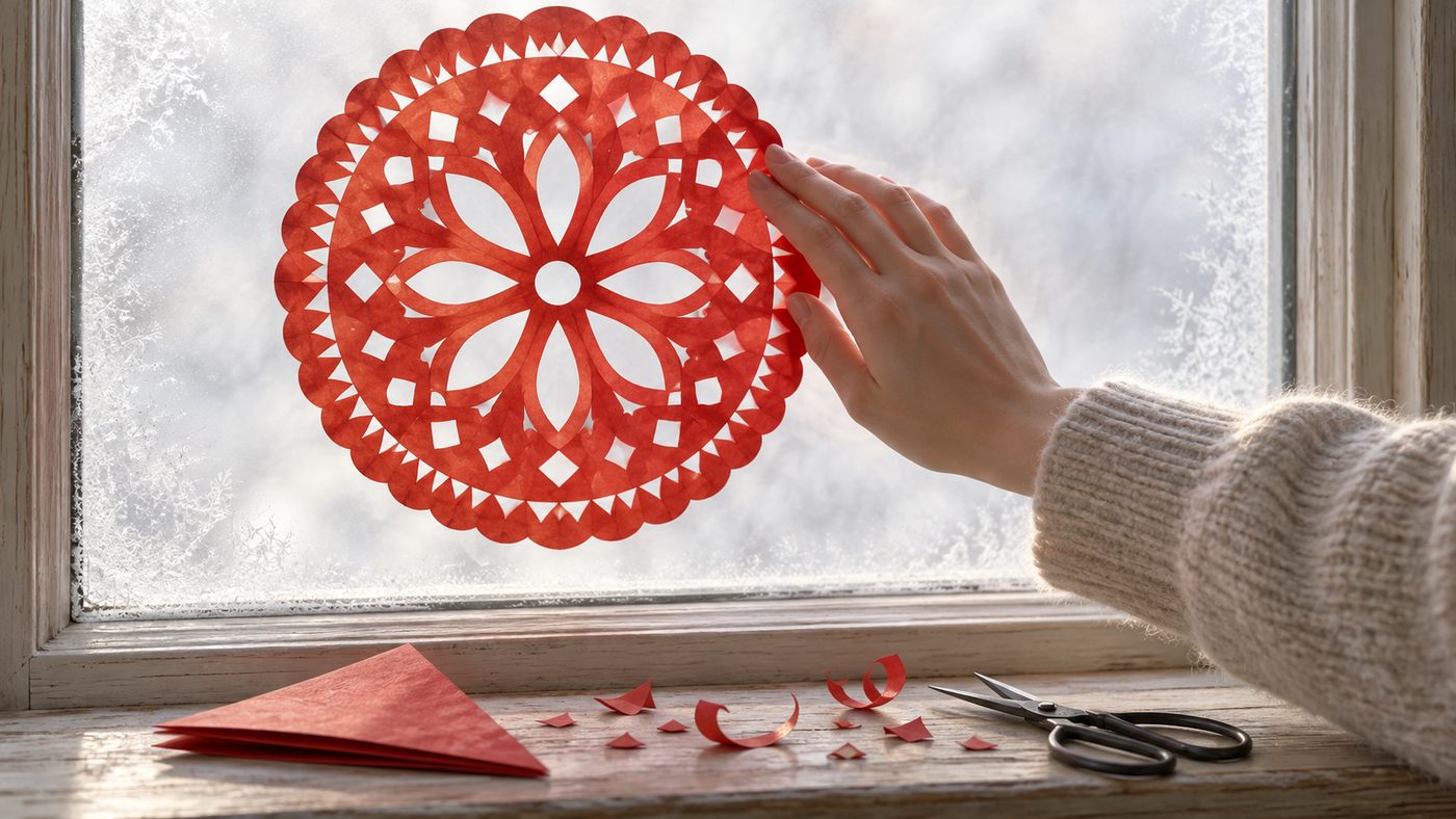 A round red paper-cut window flower stuck to a frosted window with daylight glowing through its holes, a hand pressing its edge flat, and folded red paper and small scissors on the sill below.