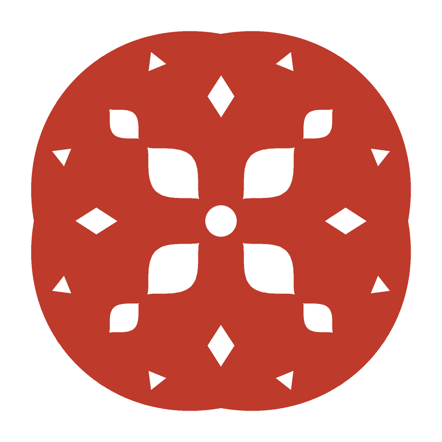 A simpler round red window flower with four large petals around a center hole, diamonds on the cross, and small triangles near the edge.
