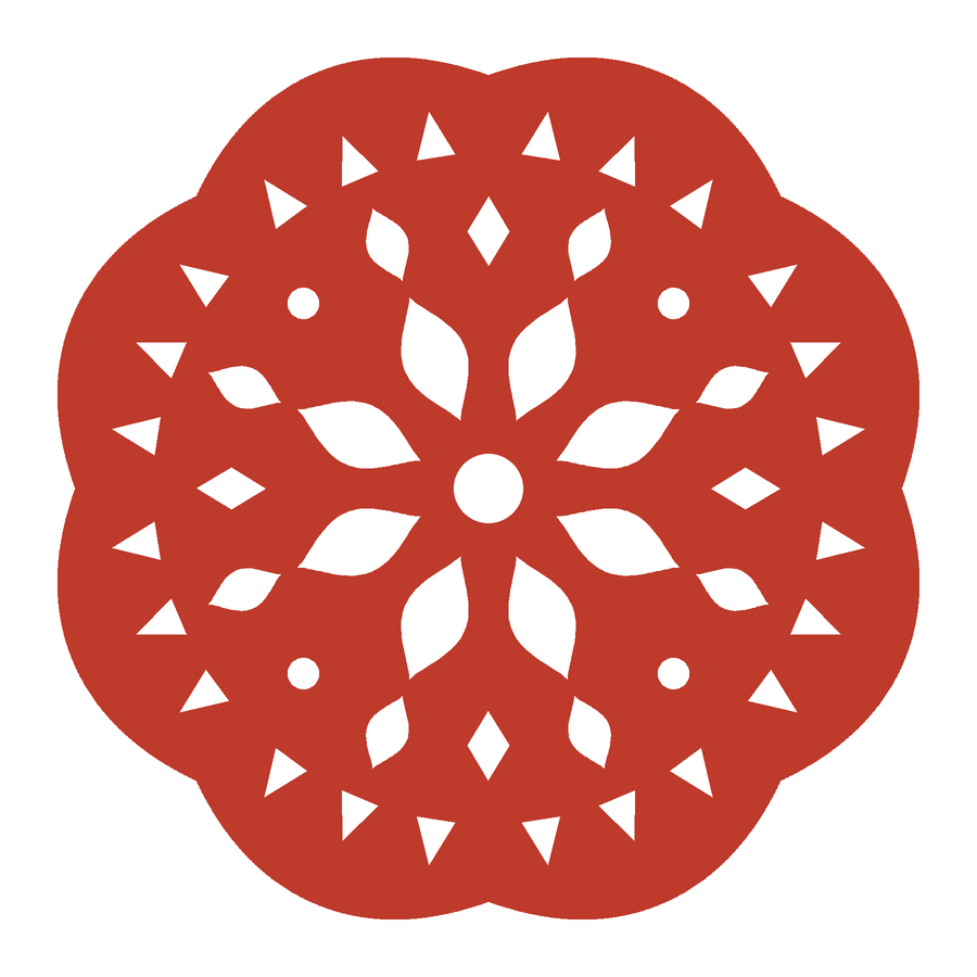 A round red window flower with eight petals around a small center hole, a ring of diamonds and dots, and a ring of small triangles inside a scalloped edge.