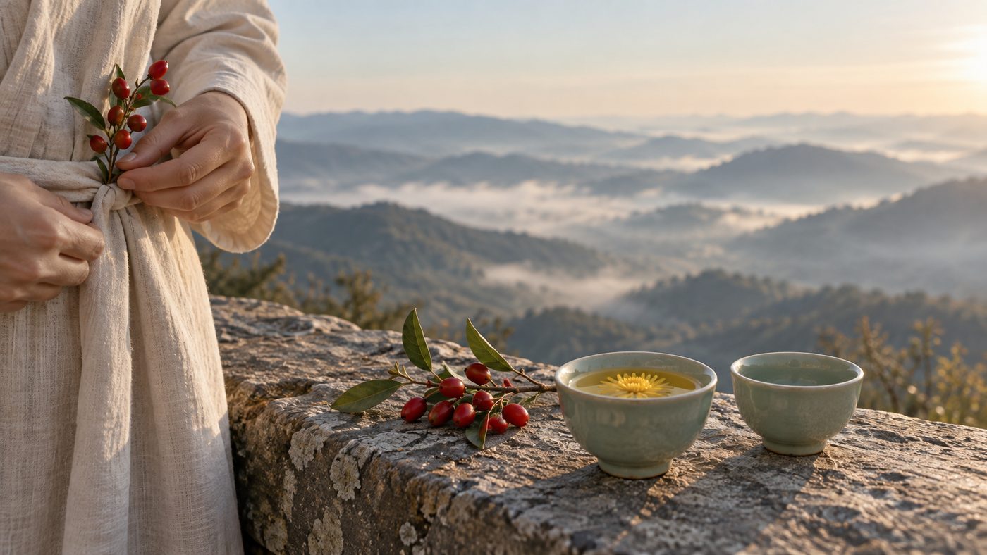 On a weathered stone ledge high above a misty valley, a celadon cup of pale chrysanthemum wine with a blossom floating in it stands beside a sprig of red dogwood berries, while a pair of hands tucks a second sprig into the sash of a plain linen garment.