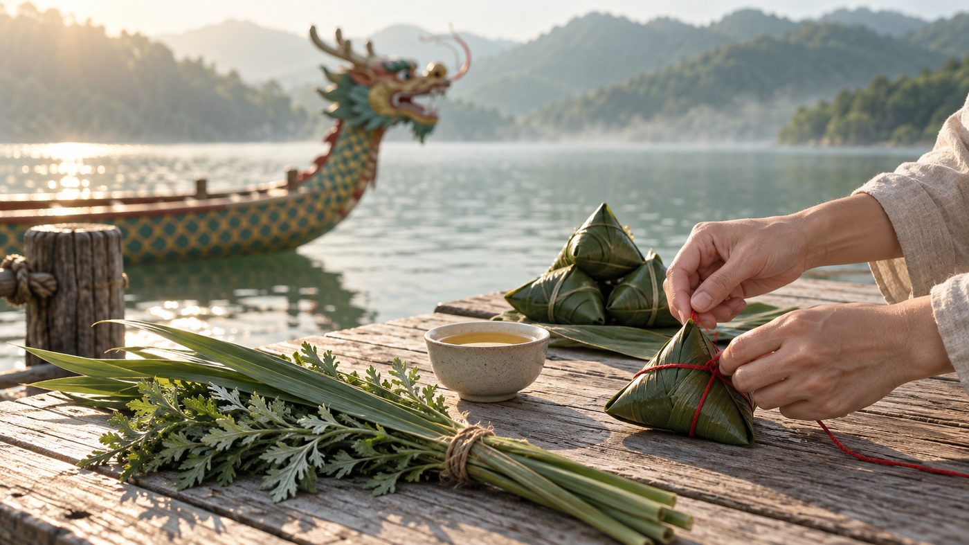 On a weathered wooden dock at the edge of green water, a pair of hands ties a pyramid of sticky rice into a fresh bamboo leaf with red string, beside a bundle of mugwort and calamus leaves and a small cup of yellow wine, with the carved head of a dragon boat blurred in the water behind.