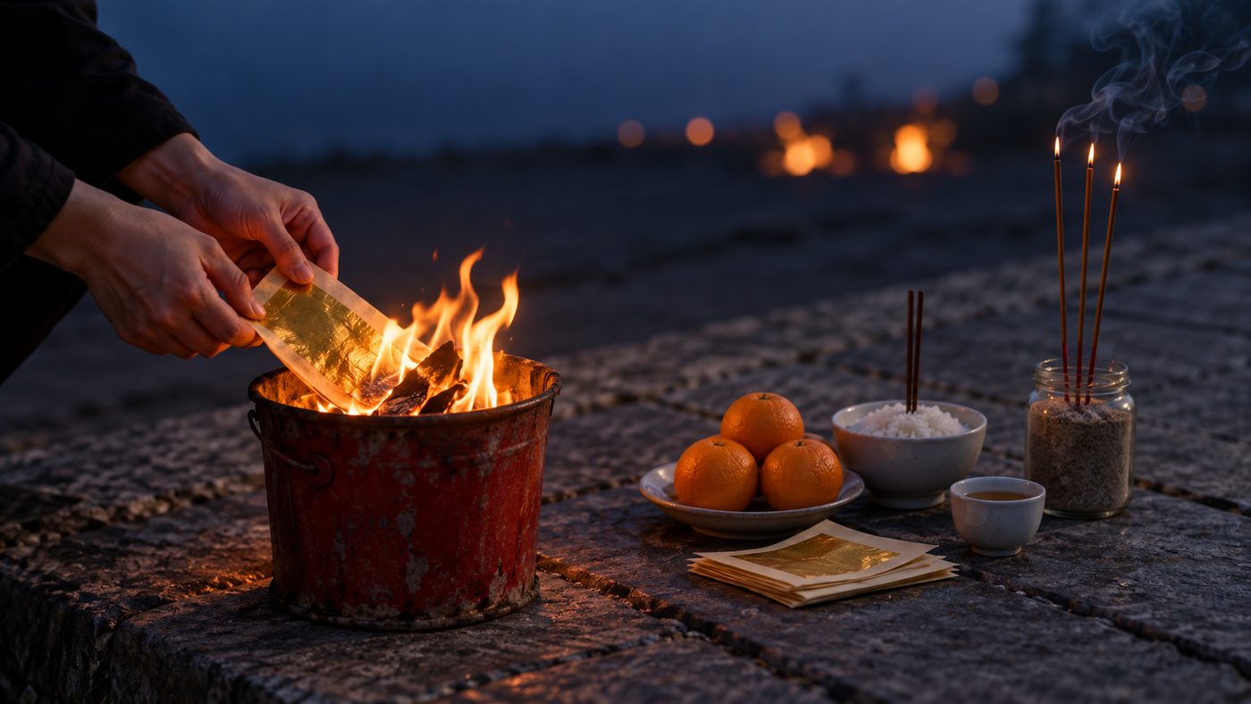 At dusk on a stone pavement, a pair of hands feeds a sheet of gold-foil joss paper into a small fire in a red tin, beside a plate of oranges, a bowl of rice with chopsticks standing in it, and three lit incense sticks pushed into a jar of sand.