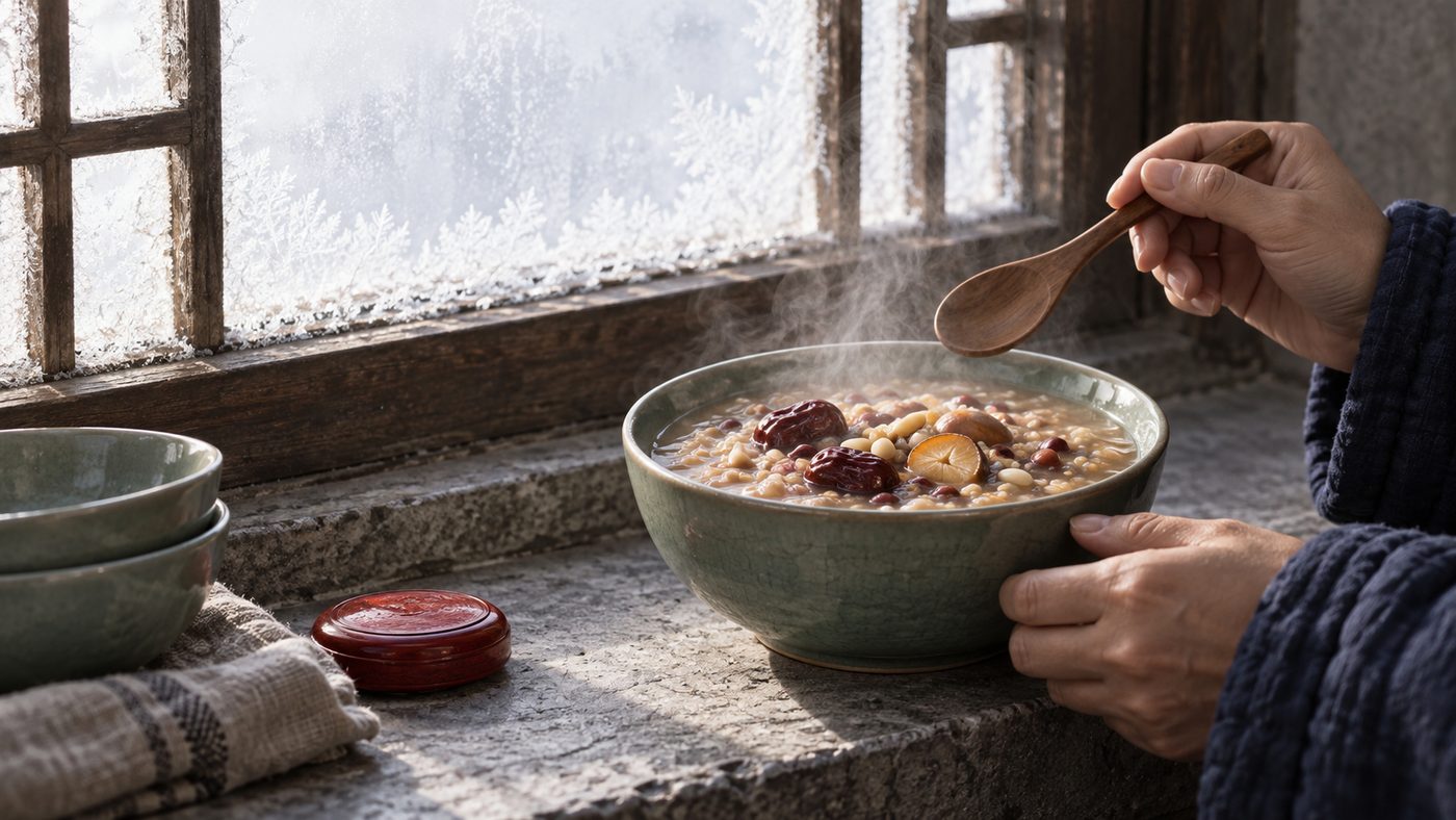 A celadon bowl of thick mixed-grain porridge studded with red dates and chestnuts steams on a frosty stone windowsill in soft winter light while a hand in a padded indigo sleeve holds a wooden spoon above it.
