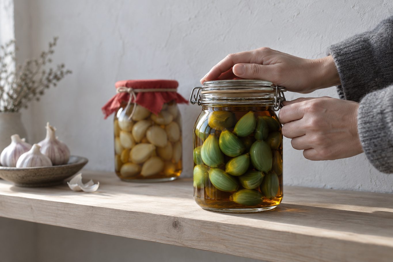 A glass jar of garlic cloves turned translucent jade-green in dark vinegar glows in cold side light on a pale wooden shelf, a hand resting on its lid, a second jar of still-pale cloves out of focus behind it.