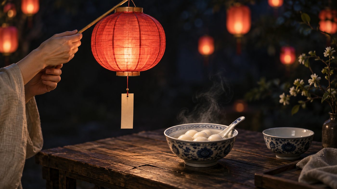 A pair of hands holds a lit paper lantern of thin red silk over a courtyard table where a blue-and-white bowl of sweet rice balls steams in its cooking water, a slip of blank paper hanging from the lantern's rim, with more lanterns dissolving into warm bokeh behind.