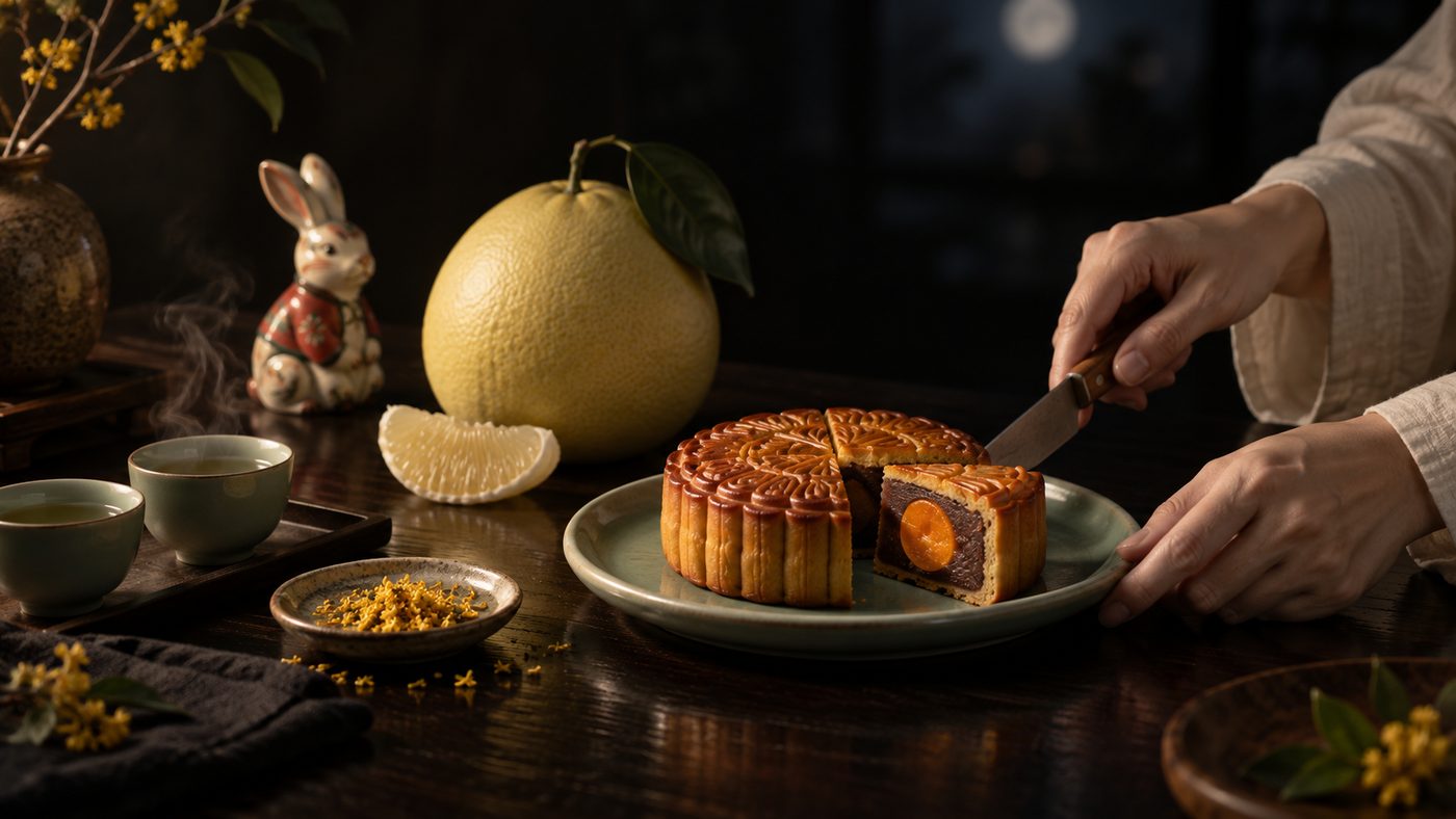 A golden Cantonese mooncake on a celadon plate, one wedge pulled away to show the deep-orange salted yolk at its center, beside a pomelo, a dish of osmanthus and a small painted clay rabbit, lit low from one side on a dark table at night while a hand in an ivory linen sleeve holds the knife.