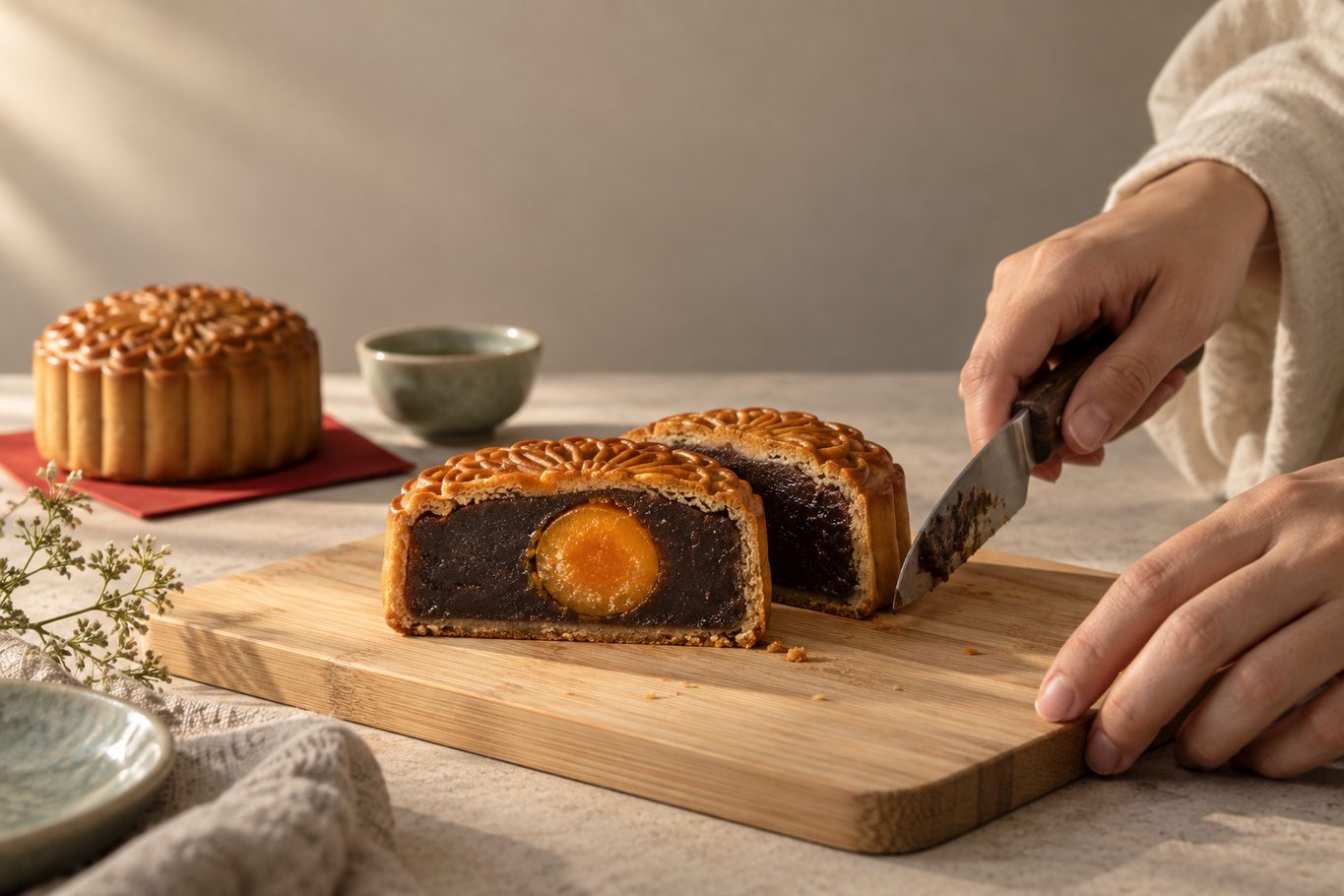 A Cantonese mooncake cut in half on a bamboo board, the front half turned to show a thin golden crust, dark lotus-seed paste and a whole deep-orange salted egg yolk at the center, a hand holding a small knife beside it in warm side light.