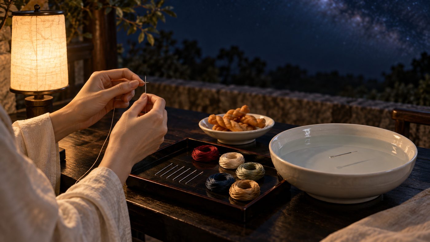 By the light of a single paper-shaded lamp on a dark lacquer table outdoors at night, a pair of hands threads a needle beside a tray of seven needles and coils of silk, a dish of fried dough twists, and a porcelain basin of water with one needle floating on its surface.
