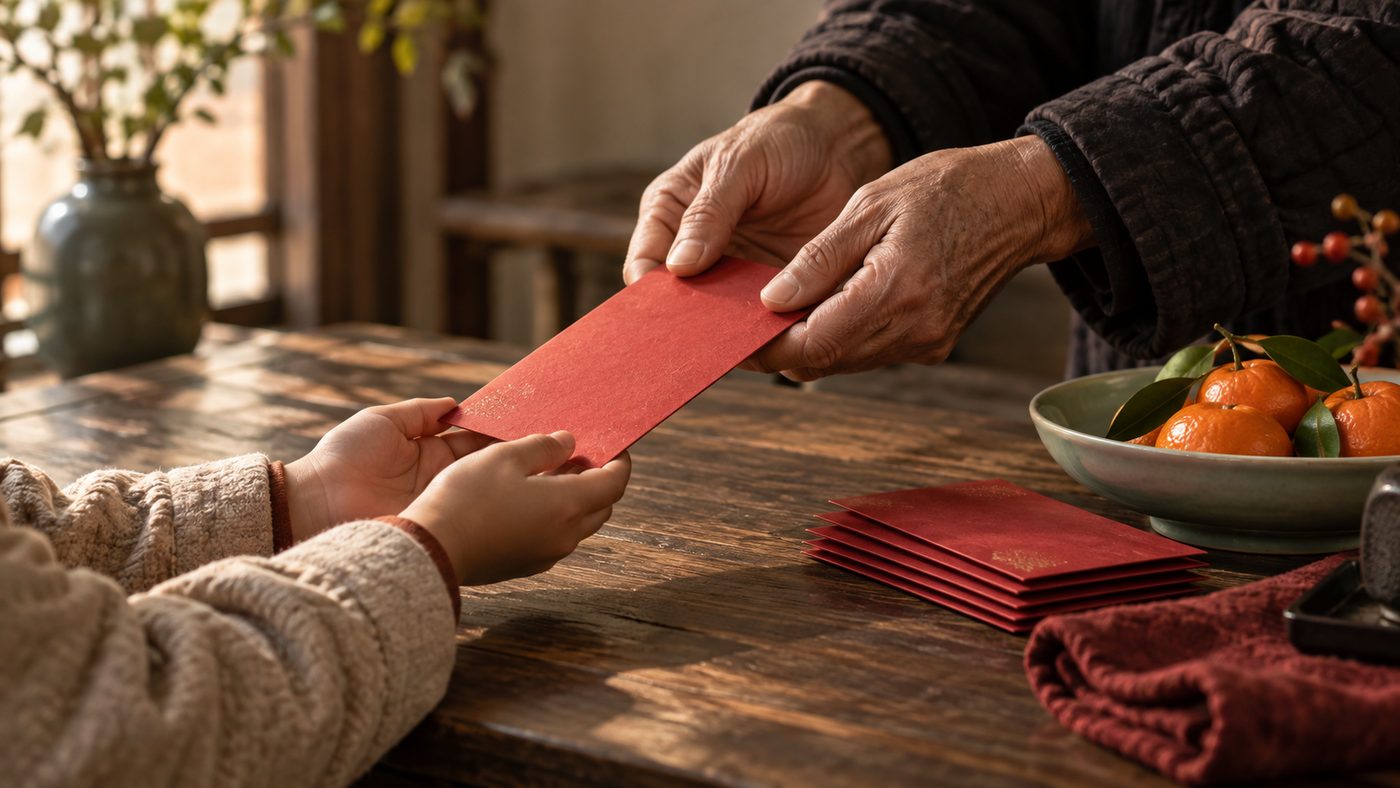 An older pair of hands passing a red paper envelope into a child's cupped hands across a dark wooden table, a stack of red envelopes and a bowl of tangerines beside them, warm side light from a window.