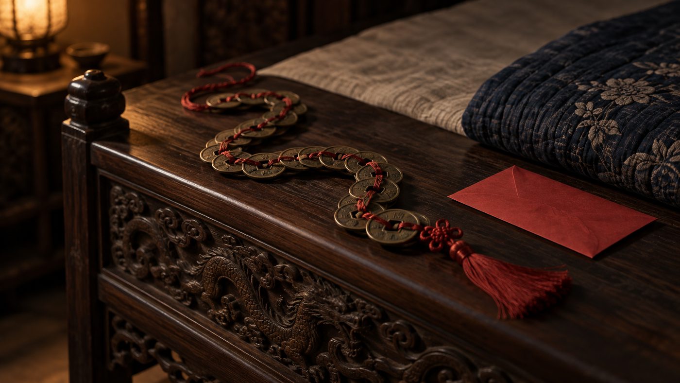 A string of old bronze coins threaded on red silk cord and coiled into a loose dragon shape on the dark wooden foot of a bed, a red paper envelope and a folded quilt beside it in low lamplight.