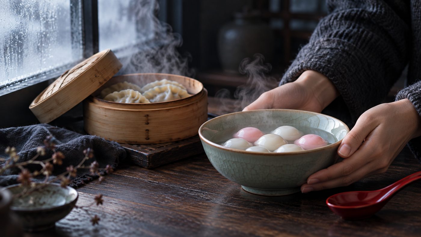 A celadon bowl of steaming tangyuan held between two hands on a dark table, a bamboo steamer of dumplings behind it, cold winter light from a fogged window and a single red spoon.