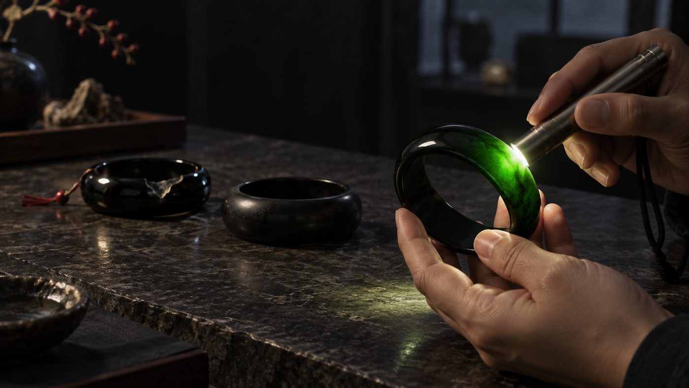 In a dim shop, a hand presses a penlight to the edge of a black bangle and the stone flares translucent green from within, while two other black bangles behind it stay opaque, one waxy and one glassy with a chipped edge.