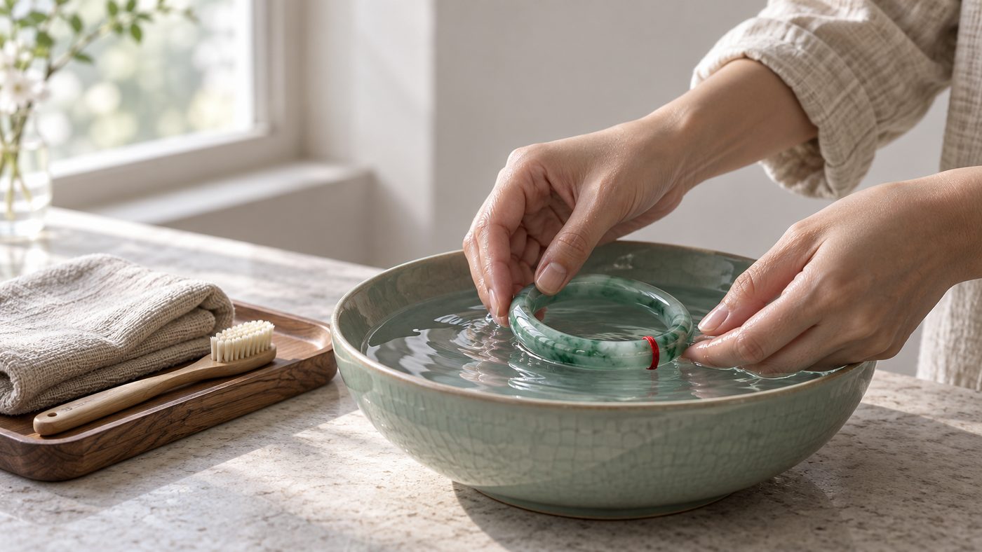 Hands lower a green jadeite bangle, tied with a red thread, into a shallow celadon bowl of clear water on a stone counter by a window, with a folded linen cloth and a soft brush waiting on a wooden tray beside it.