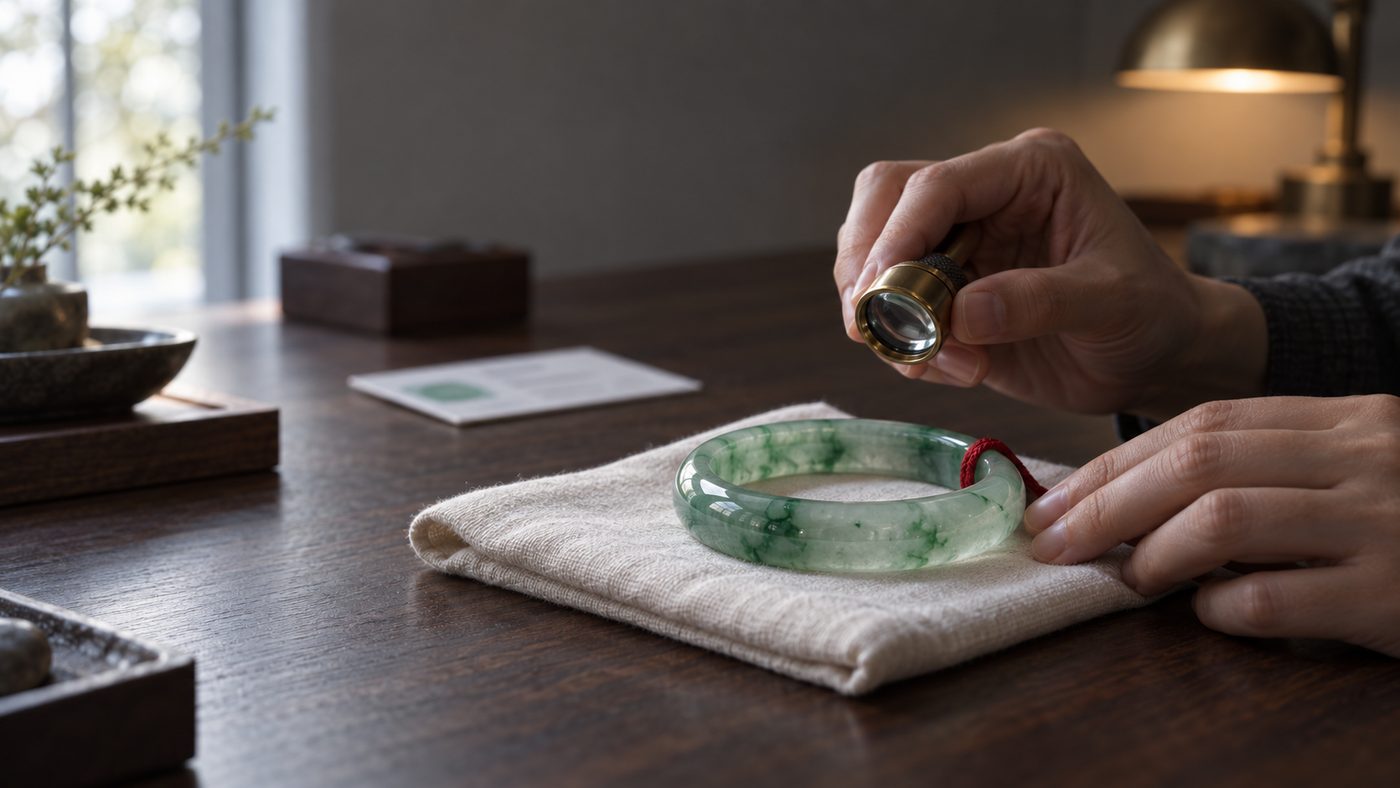 Hands hold a jeweler's loupe over a green jadeite bangle on white linen at a walnut counter, with a laboratory card lying out of focus behind it.