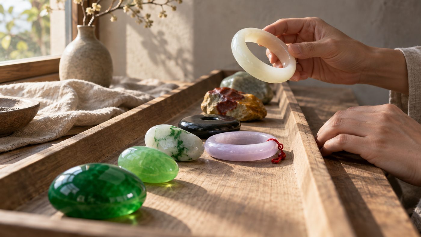 A low raking view along a wooden tray of polished jade pieces in every color, from glassy emerald and apple green through veined white, mutton-fat white, pale lavender and inky black to a rough boulder with a rust-red skin, with a pair of hands lifting the white bangle toward window light.