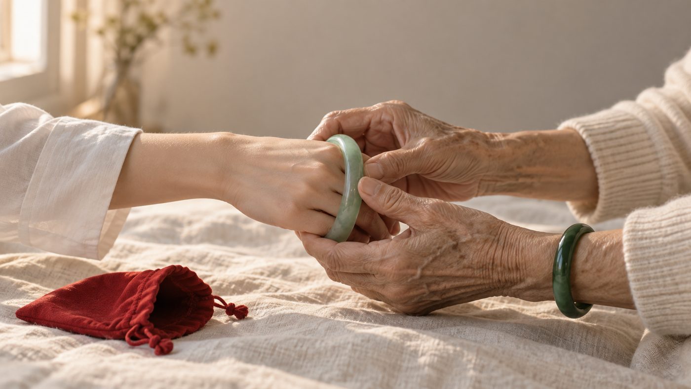 An older pair of hands, one wrist already wearing a worn green bangle, eases a new green jadeite bangle over the folded knuckles of a younger hand on a linen bedcover, a small red pouch open beside them.