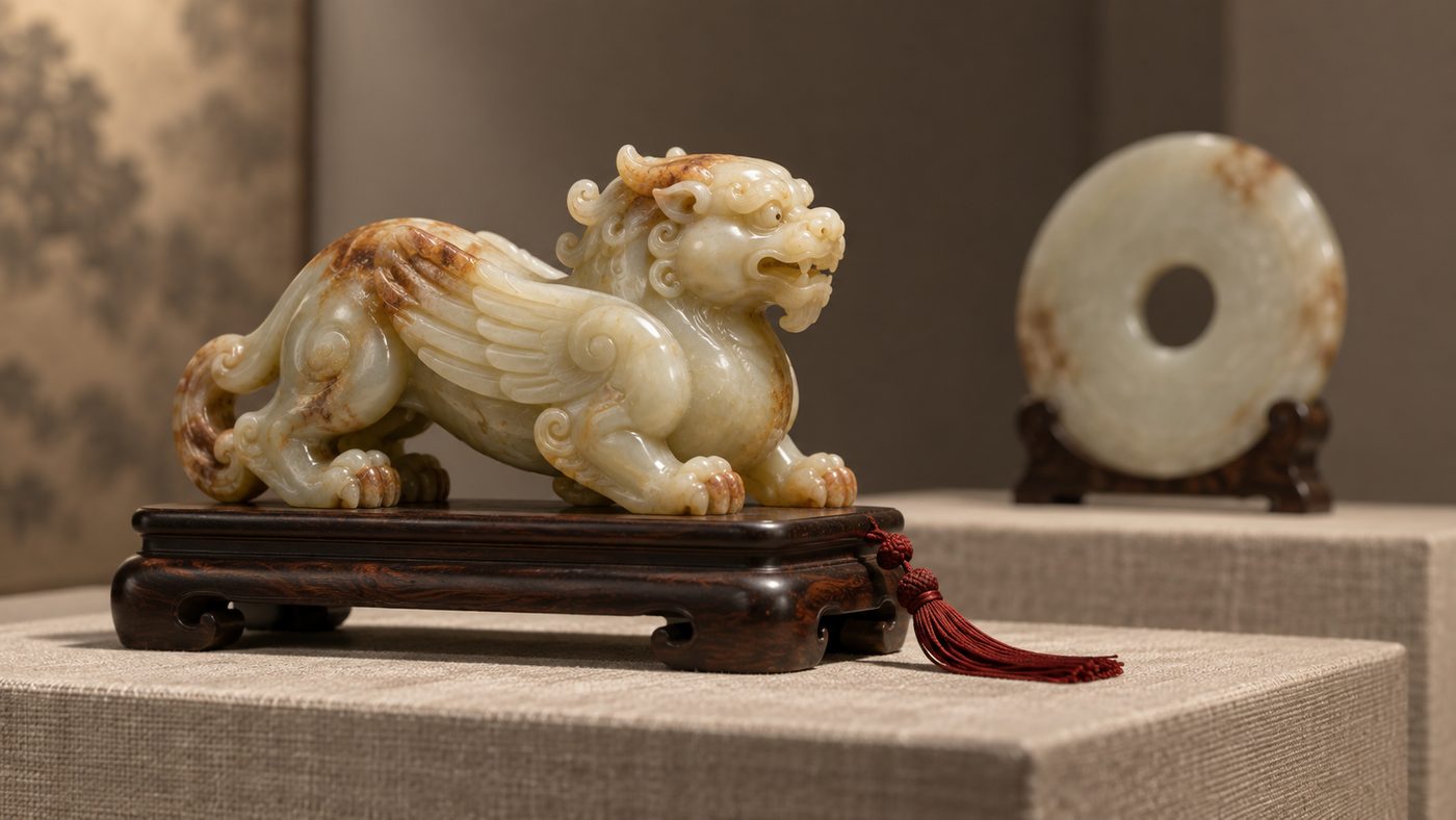 A small pale jade carving of a crouching winged beast on a dark wooden stand, a jade disc behind it, in soft gallery light.