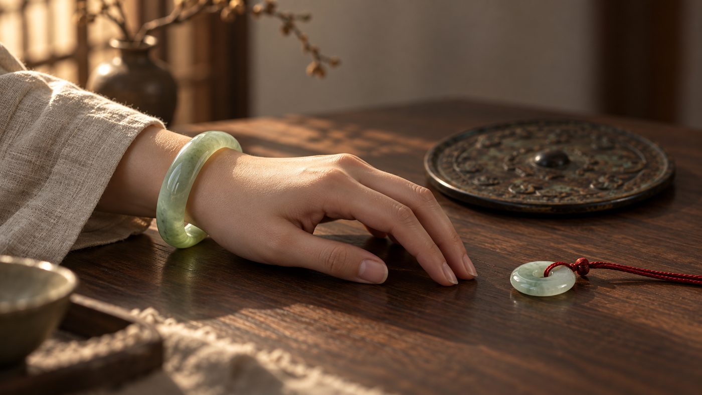 A hand wearing a pale green jade bangle rests on a dark wooden table beside a small jade disc pendant on a red cord and an old bronze mirror, in warm side light.