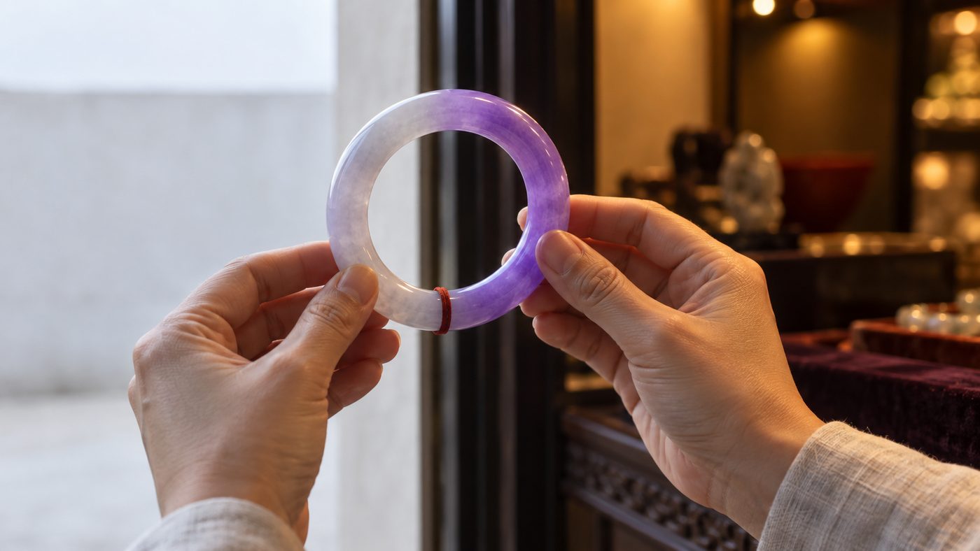 Hands hold a lavender jadeite bangle at a shop doorway where warm spotlight meets cool daylight, and the half of the ring in the shop light is a saturated violet while the half in daylight has faded to a pale grayish lilac.
