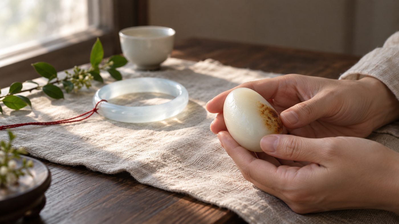 By a morning window, a hand holds a creamy, waxy white jade pebble with a russet patch of skin, while behind it a cool, icy white jadeite bangle lets the light pass through.