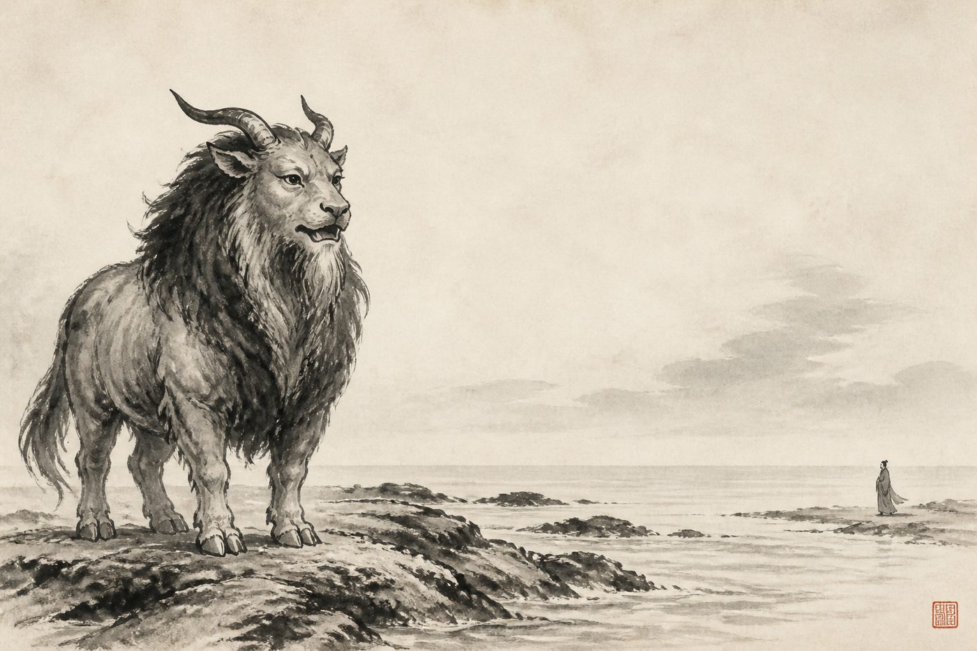 An ink-wash painting of Bai Ze, the Chinese divine beast, standing on a rocky shore with a heavy mane, a long beard and a single pair of horns, facing a small distant figure across open water.