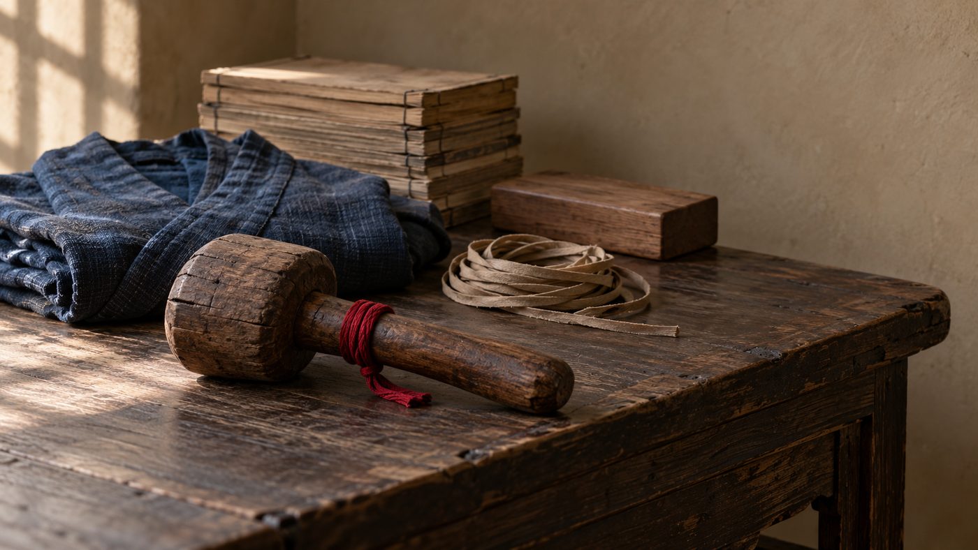 A worn wooden mallet tied with a red silk cord on an old elm table, beside a folded indigo cotton robe, a coil of rawhide lacing, a stack of thread-bound books and a pearwood printing block.