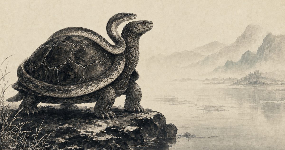 An ink-wash painting of the Black Tortoise, the Chinese celestial guardian of the North, a great tortoise with a serpent coiled around its shell, standing at the edge of still water in winter mist.