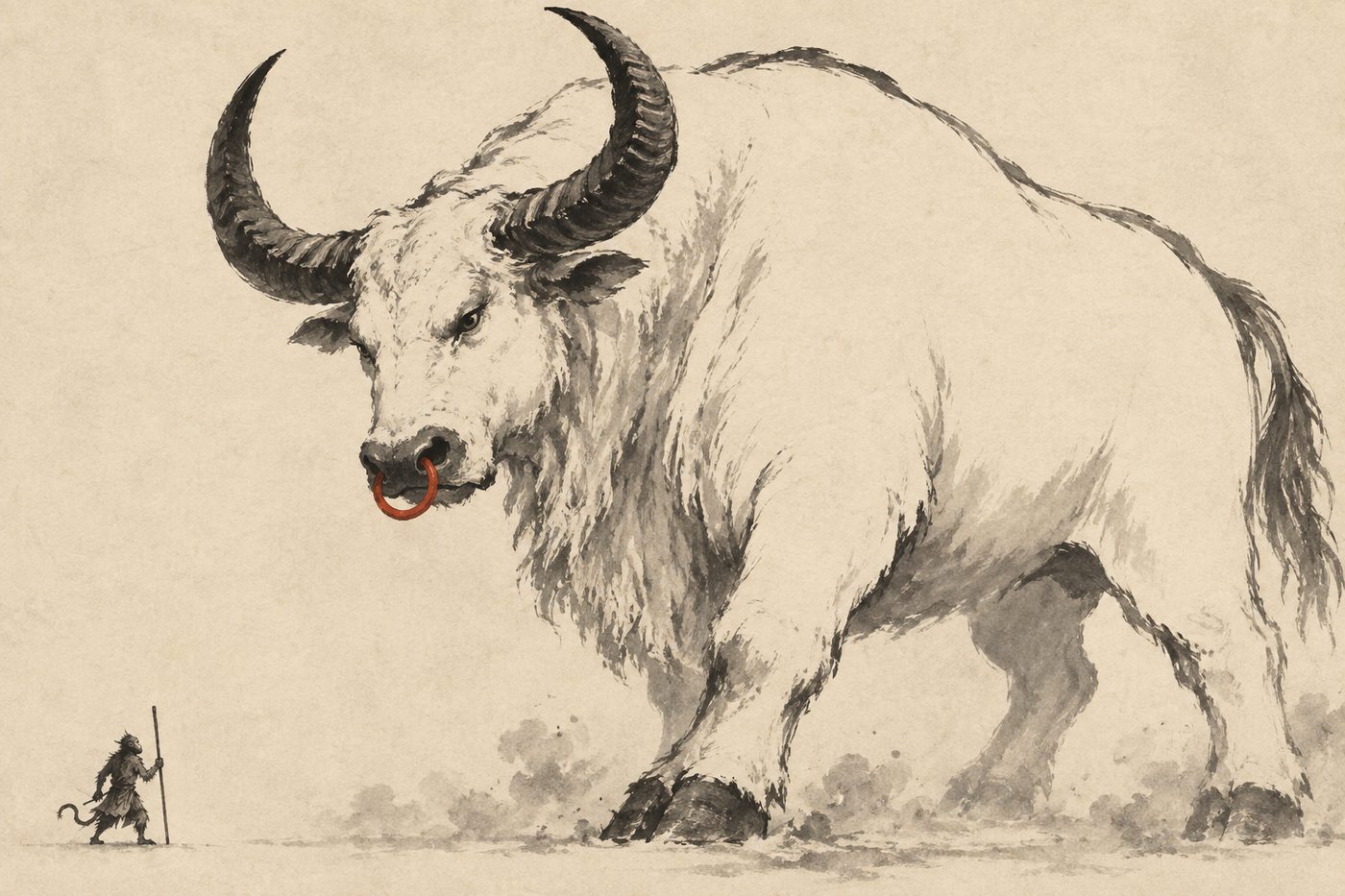 An ink-wash painting of the Bull Demon King in his true form, a colossal white bull with horns like iron pagodas, facing a tiny monkey with a staff at the bottom of the frame.