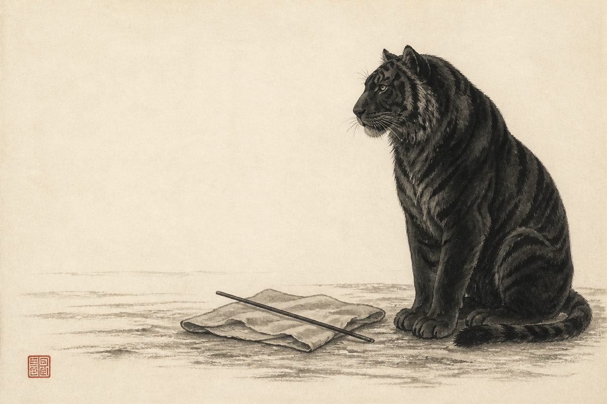 An ink-wash painting of a black tiger sitting alone and waiting on bare ground beside an empty folded saddle cloth with a plain iron rod lying across it