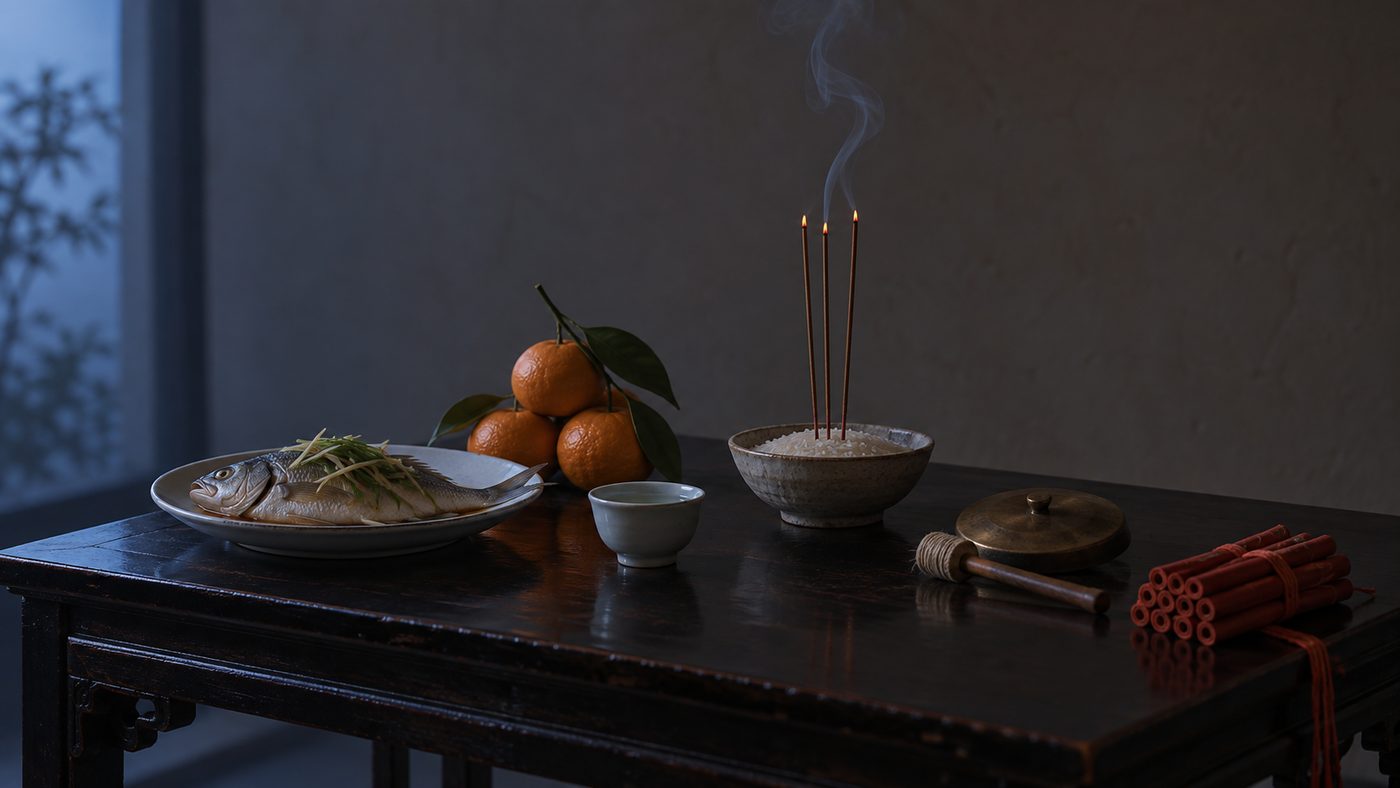A dark lacquered offering table before dawn with a steamed fish, mandarin oranges, a cup of rice wine, incense rising from a bowl of rice, a small brass gong and a tied bundle of red firecrackers.