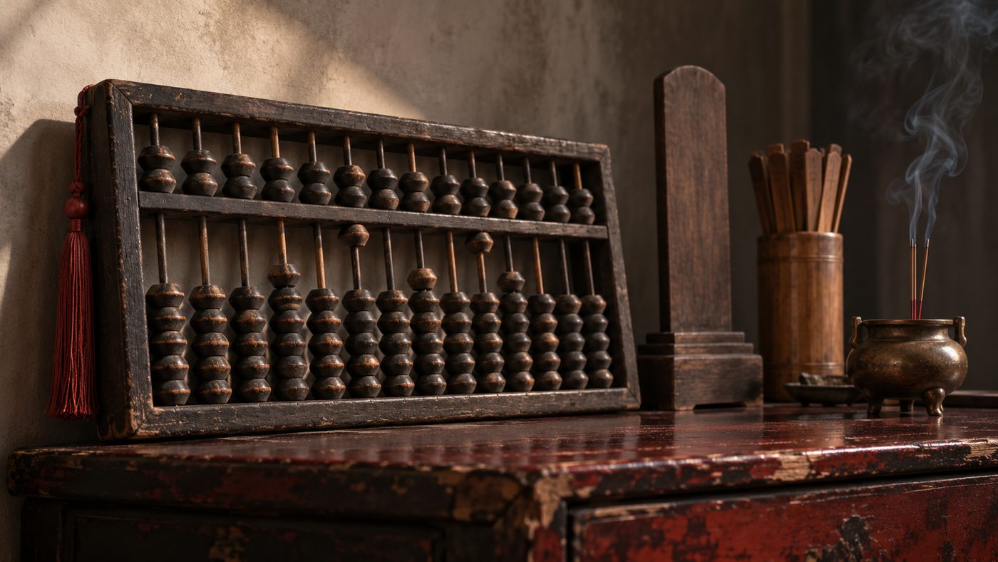 An oversized antique Chinese abacus leaning upright on a worn red lacquer cabinet, beside a blank wooden tablet, a bamboo holder of wooden lots and a bronze censer with incense smoke.