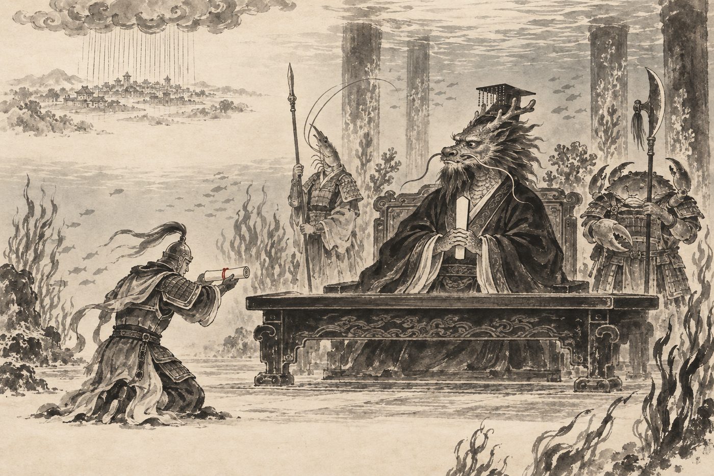 An ink-wash painting of the Dragon King as a court official, dragon-headed and crowned, holding a tablet on a throne in his undersea hall, a heavenly messenger kneeling with a scroll, a shrimp soldier and a crab general in attendance, and measured lines of rain falling over a distant city above.