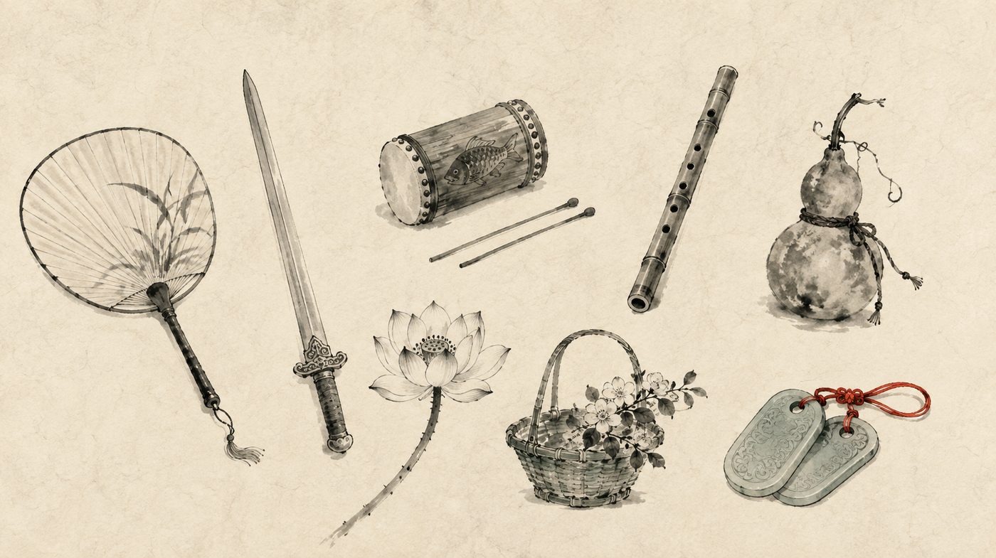 An ink-wash painting of the eight emblems of the Eight Immortals set out on rice paper: a palm-leaf fan, a sword, a fish drum with its two striking rods, a bamboo flute, a double gourd, a lotus, a flower basket, and a pair of jade clappers on a red cord.