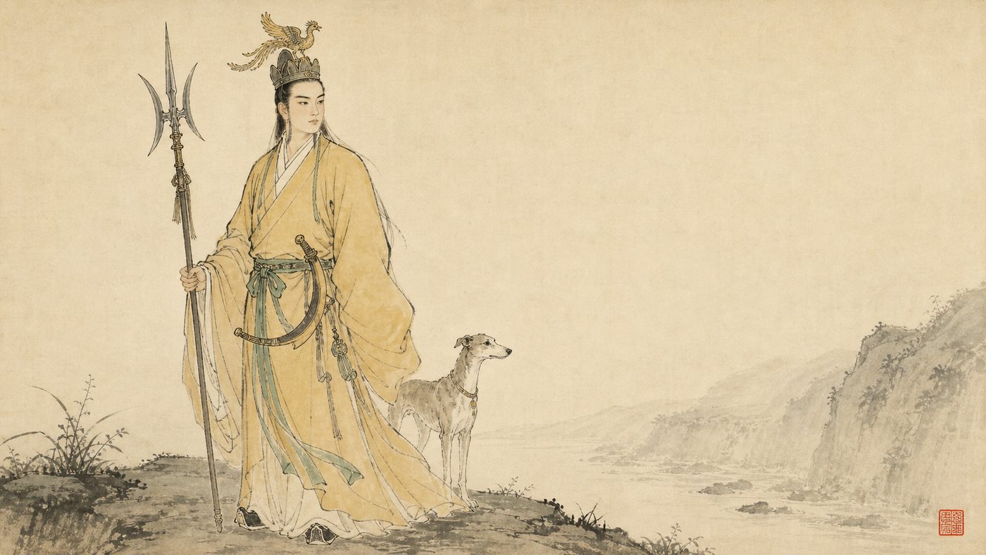 Ink painting of Erlang Shen as Journey to the West describes him, a clear-faced young man in pale goose-yellow robes with a three-peaked phoenix cap, a crescent-shaped slingshot at his waist and a three-pointed double-edged spear in hand, his lean hound at his heel, and no third eye on his forehead.
