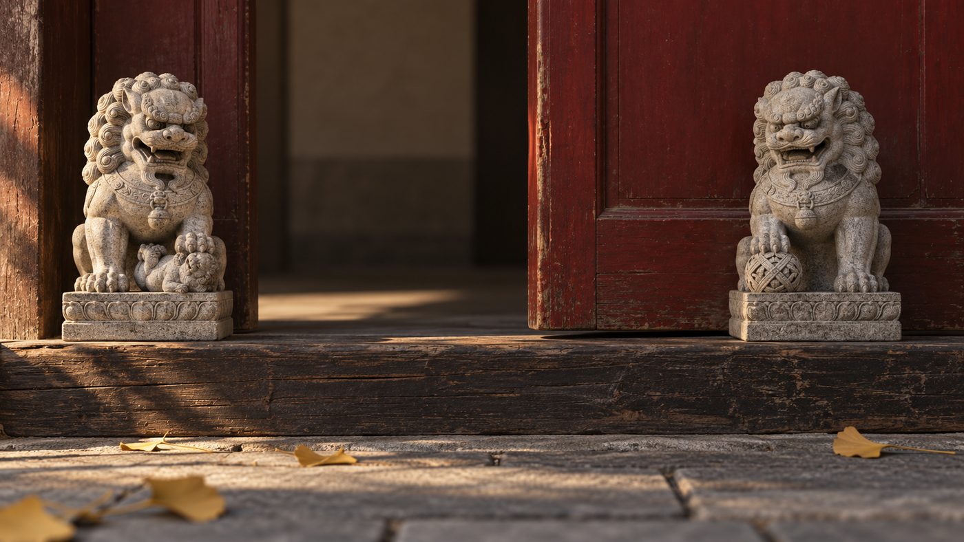A pair of small carved stone guardian lions flanking a half-open red door on a wooden threshold, the female on the left with her paw on a cub and the male on the right with his paw on a ball.