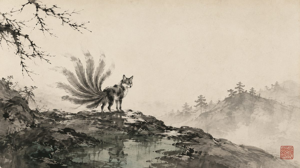 Ink-wash painting of a nine-tailed fox standing on wet rock in a misty upland at dusk, its head turned back to watch the viewer, nine tails fanned into the mist behind it.
